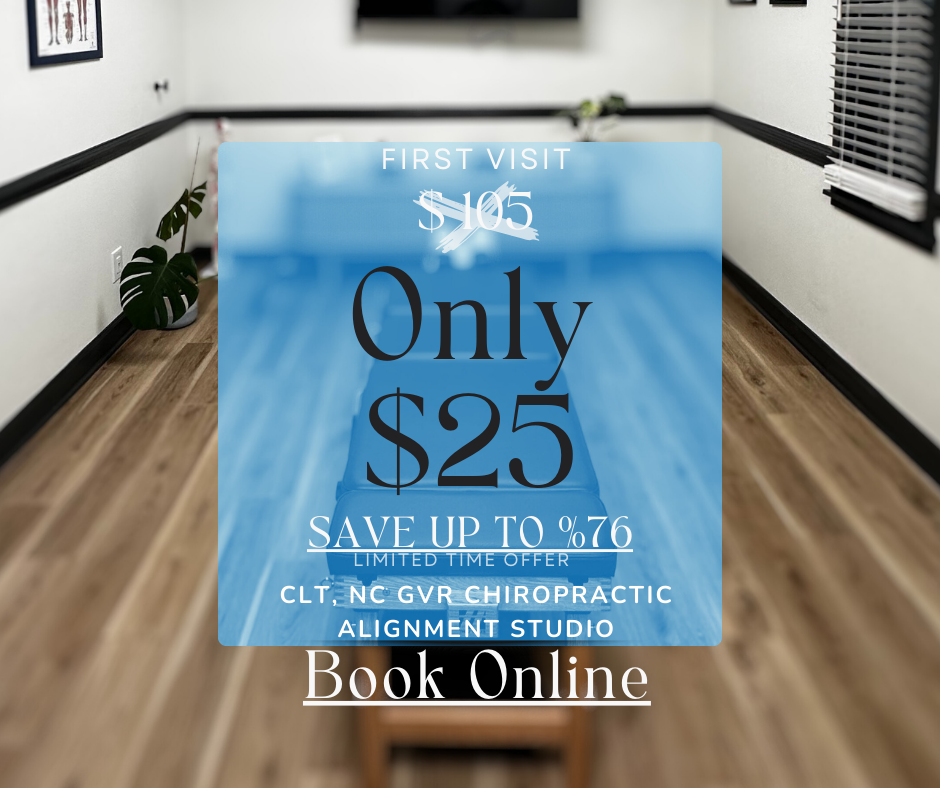 Promotional graphic for GVR Chiropractic offering the first visit for $25, highlighting a discount from the regular price of $105, with a background of the chiropractic studio interior.